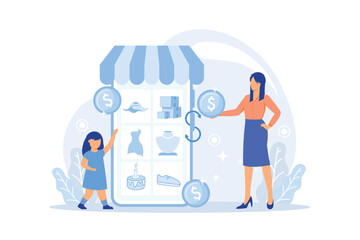 Poster - Baby clothes trade-in Used kids toys and clothes in exchange for cash or coupons, child fashion store, second hand, baby gear, resale shop Flat vector Modern illustration
