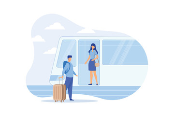 Urban transport ublic transport system, urban busy roads, car traffic, platform of subway station, bus stop, people waiting, metro railway Flat vector Modern illustration