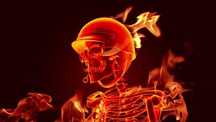 Wall Mural - Burning skeleton in a motorcycle helmet. Slow motion fire flames.