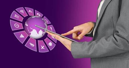 Poster - Animation of travel icons with globe and caucasian woman using tablet on purple background