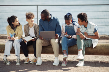 Wall Mural - Full length shot of diverse group of kids with male teacher using laptop outdoors during Summer school lesson