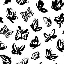 Black Butterflies Vector Seamless Pattern. Hand Drawn Modern Ink Graphic Art. Trendy Animal Motif Wallpaper, Black Vector Insects. Pattern Of Artistic Simple Moths. Stylish Graphic Texture