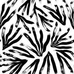 Monochrome botanical seamless pattern with long tropical leaves. Jungle simple black and white ornament. Handdrawn plant elements painted with a brush. Nature ornament for fabric, wrapping and textile