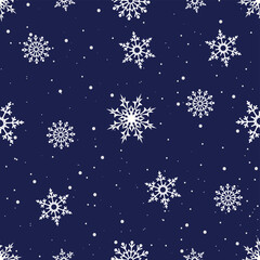 Wall Mural - snowy, snowflake vector, flakes seamless pattern, winter pattern, navy background	