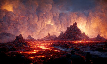 3D Render Molten Lava Texture Background. Lana Was In The Cracks Of The Earth To View The Texture Of The Glow Of Volcanic Magma In The Cracks, The Destroyed Surface Of The Earth.