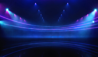 Poster - Abstract blue color lines on black background illuminated by top lamps. Dynamic curves and blues pattern. Science and technology concept