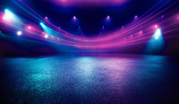 Illuminated dark concrete surface surrounded by modern neon colour lights