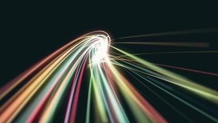 Poster - Abstract Glowing 3d Light Strokes Background/ 4k animation of an abstract looped wallpaper background of glowing 3d light strokes with depth of field and following motion path trajectory