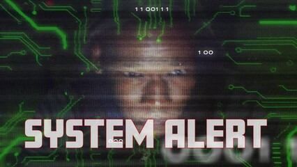 Poster - Animation of system alert over binary code, integrated circuit and face of african american hacker