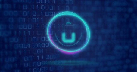 Poster - Animation of neon circle with battery over digital screen with binary code
