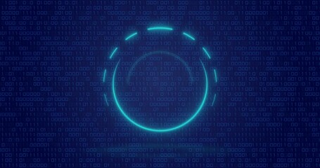 Poster - Animation of neon circle over digital screen with binary code