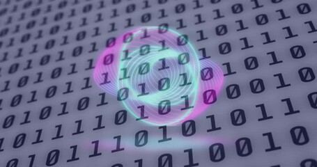 Poster - Animation of neon circles over digital screen with binary code