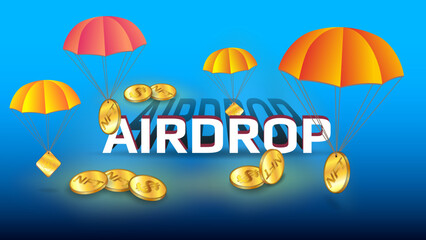 Wall Mural - Free airdrop Dollar USD and NFT non fungible token with golden coins and orange parachutes on light blue background. Distribution of collectible NFT.