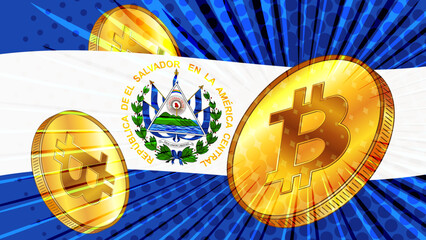 Wall Mural - Gold coin of Bitcoin BTC and El Salvador colored flag on background. Central Bank of El Salvador has passed laws on mining and digital assets.