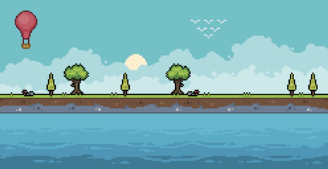 Pixel art sea coast landscape background with trees and cloudy sky scene for 8bit game