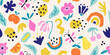 Cute seamless pattern with hand-drawn details.Modern background with flowers, fruits and butterflies for your design.Vector illustration for fabric design, covers and other