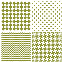 Tile Vector Pattern Set With Green Polka Dots, Houndstooth, Hearts, And Stripes On A Blue Background