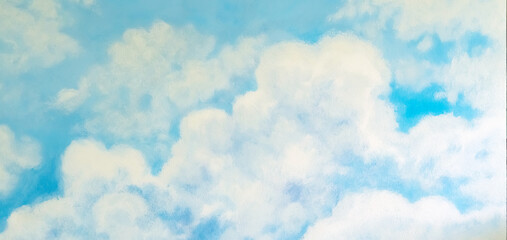 Wall Mural - Beautiful painting of clouds and sky on cement wall. Scratched blue wall texture(backdrop surface). Concrete wall with clouds and sky picture. Abstract beautiful pattern clouds on blue sky background.