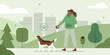 Pet owner or sitter walking with dog on the leash in city park. Pet care concept. Vector illustration.