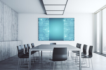 Aufkleber - Creative abstract micro chip hologram on tv display in a modern presentation room, artificial intelligence and machine learning concept. 3D Rendering