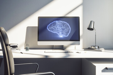 Poster - Modern computer monitor with creative artificial Intelligence symbol. Neural networks and machine learning concept. 3D Rendering