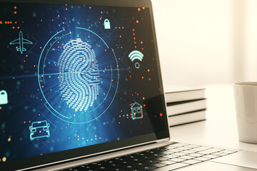 Fototapete - Computer monitor with abstract fingerprint scan interface, digital access concept. 3D Rendering