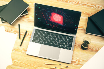 Poster - Modern computer monitor with abstract creative fingerprint hologram, research and development concept. 3D Rendering