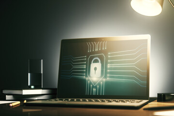 Poster - Computer monitor with creative light lock illustration and microcircuit, cyber security concept. 3D Rendering