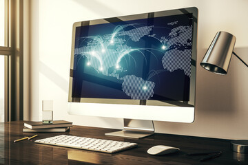 Poster - Modern computer monitor with abstract digital world map with connections, research and strategy concept. 3D Rendering