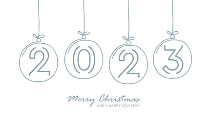 Wall Mural - happy new year 2023 typography with hanging christmas ball