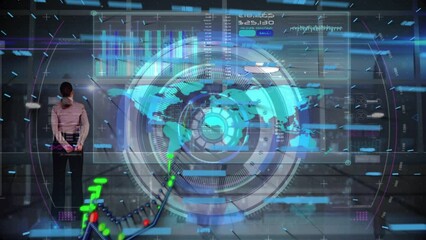 Poster - Animation of financial data processing over rear view of businesswoman touching futuristic screen