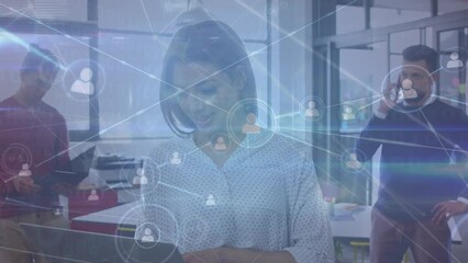 Poster - Animation of profile icon connecting dots, multiracial colleagues with laptops in modern office