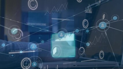 Poster - Animation of profile icons, graph data over caucasian businessman working with laptops in office