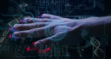 Poster - Animation of caucasian man hand scanning with hud element, data processing on digital interface