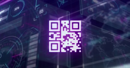 Poster - Animation of infographic data with hud with barcode, world map on digital interface