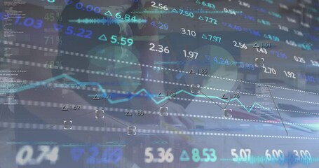 Poster - Animation of numbers, graphs and financial data on digital screen and caucasian man working