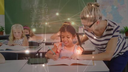 Poster - Animation of network of connections over biracial girl and caucasian female teacher in classroom