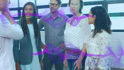 Poster - Animation of purple waves and happy diverse female and male coworkers