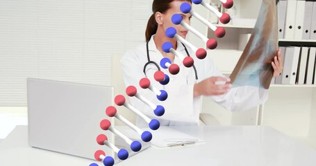 Poster - Animation of dna structure against caucasian female doctor examining x-ray report at hospital