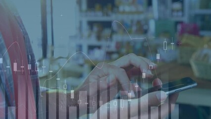 Poster - Animation of statistical data processing over mid section of a man using smartphone at a store
