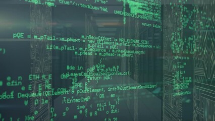 Poster - Animation of data processing and screens of network of connections against computer server room