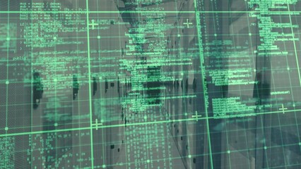 Poster - Animation of data processing over grid network and light trails against computer server room