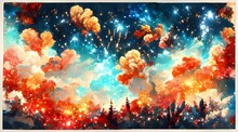Fireworks Sky Background With Clouds And Stars Fades 