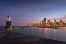 View Of The Chicago Downtown Over Lake Michigan.