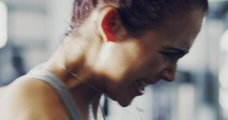 Wall Mural - Fit, active and intense boxing workout of a woman at the gym. Closeup of female boxer in hardcore power training preparing for a fight through pain, sweat and exercise for a healthy strong lifestyle.