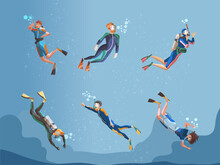 Young Man Character In Diving Dress Snorkeling Underwater Vector Illustration Set