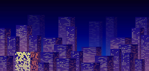 Wall Mural - Neon night in the business city with skyscrapers. Purple highrise cityscape background in 80s style with neon lights in the windows.