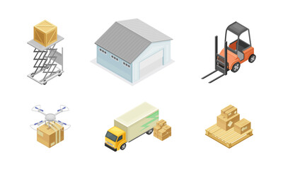 Wall Mural - Warehouse as Area for Goods Storage and Logistics with Forklift and Drone Delivering Parcel Isometric Vector Set