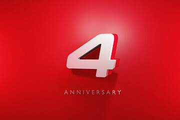 4 year anniversary celebration 3d render, red glossy 4 3d Number