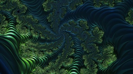  Abstract 3D fractal spiral tunnel in blue and green color. Modern futuristic background, 3D rendering